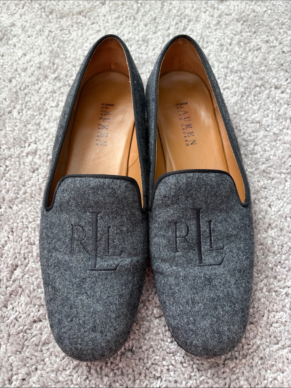 Lauren Ralph Lauren Grey Wool Felt Monogram Smoking Loafers WB1211K9 7.5B